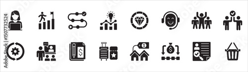 Business and management icon set. Contains symbol of businessman, target, leadership, progress, holiday, data, stock, market, accounting, training, resource, finance, service. Vector illustration