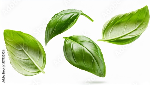 falling basil leaves isolated on white background