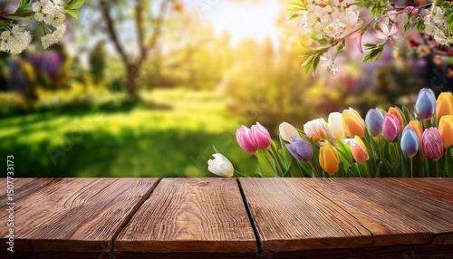 empty wooden table background easter spring theme