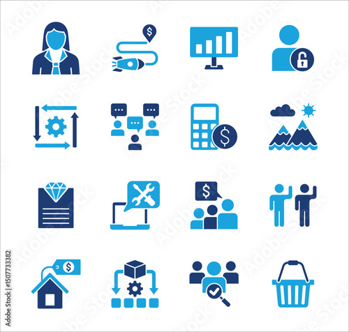 Business company Icon set. Management icon set. Contains symbol of teamwork, data, asset, stock, resource, employee, businessman, target, finance, holiday, meeting, progress. Vector illustration