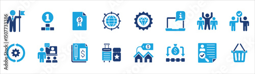 Business and management icon set. Contains symbol of businessman, target, leadership, progress, holiday, data, stock, market, accounting, training, resource, finance, service. Vector illustration