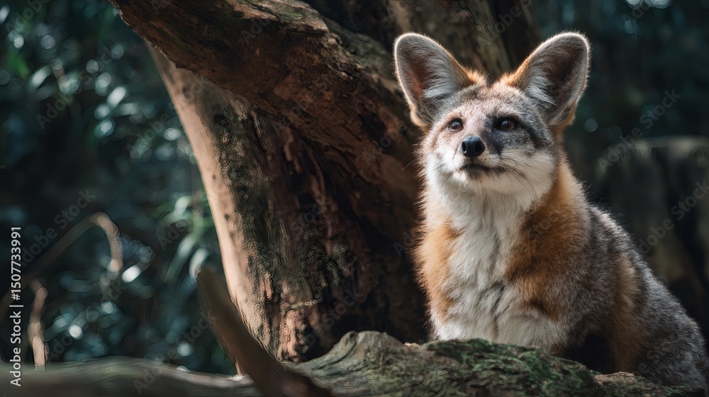 Obraz premium A majestic grey fox, perched serenely on a tree, captivated by something above.