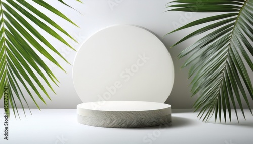 round pedestal with palm leaf white background podium for products