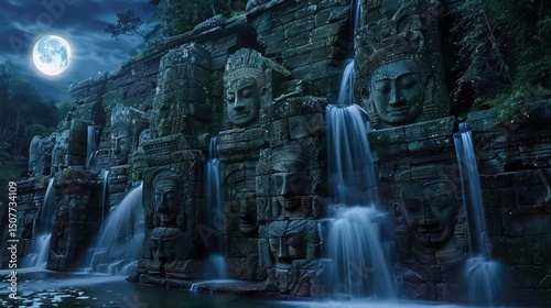 Moonlit water temple of a forgotten civilization, carved faces with cascading waterfalls.