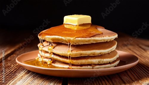 stack of pancakes with butter and maple syrup close up macro photography generative ai