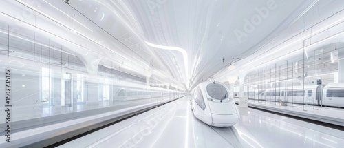 Fototapeta Naklejka Na Ścianę i Meble -  Gleaming white maglev trains at a futuristic hub, crystalline towers backdrop, minimalist signs, glass walls define space.