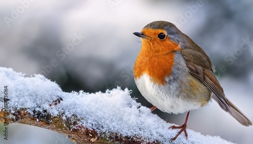 robin cheerful robin on a snowy branch with soft grey tones