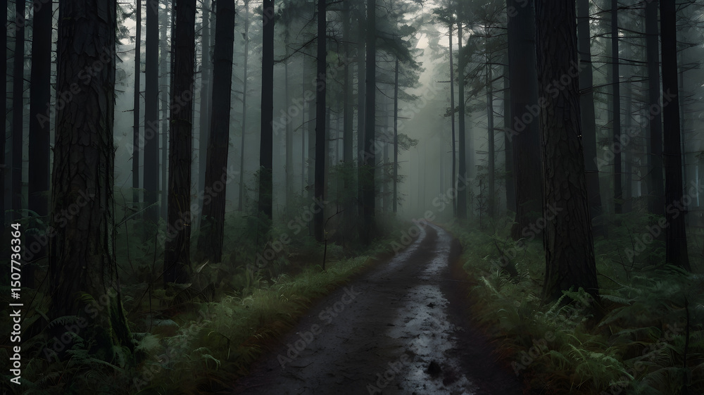 Fototapeta premium Caminho Solitário Através de Floresta Densa, Escura e Nebulosa ao Amanhecer