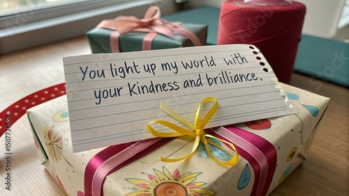 Gift wrapped present with kindness and brilliance note