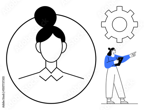 Simplified profile of a woman with a bun in a circle, beside a woman holding a tablet and a gear icon. Ideal for teamwork, leadership, technology, productivity, analysis, guidance, simple landing