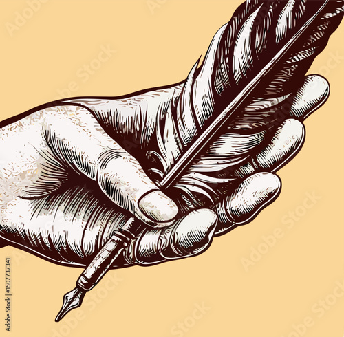 Hand Holding Quill Pen, Vintage Ink Drawing