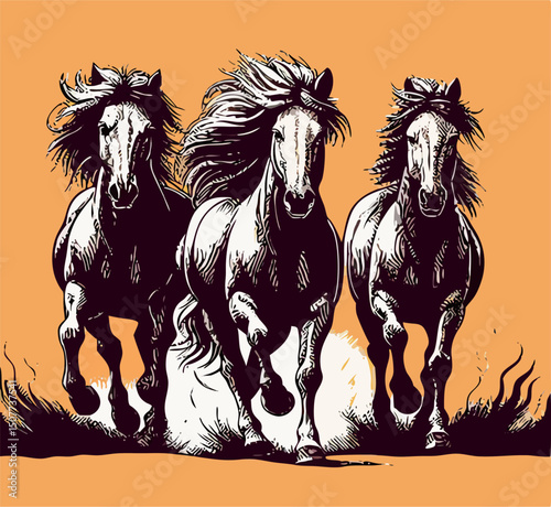 Three Running Horses Ink Drawing, Wild Mustang Art Print