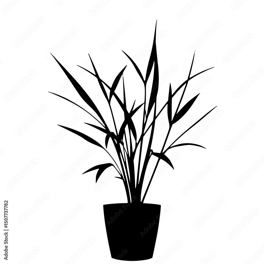 Fototapeta premium Potted Plant Silhouette: A simple, elegant black and white line art illustration of a houseplant in a pot, showcasing its minimalistic design and clean lines.