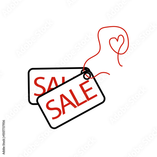 Sale tag pair. Red heart ribbon. White tag background. Vector promotion symbol.