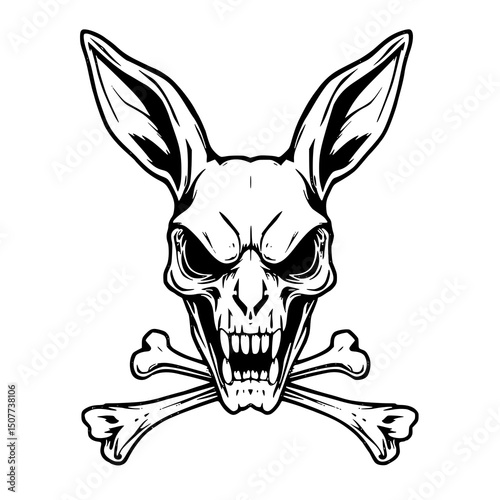 Frightening Bunny Skull: A menacing monochrome line art illustration depicts a rabbit skull with long ears and crossed bones, showcasing a dark and spooky aesthetic.