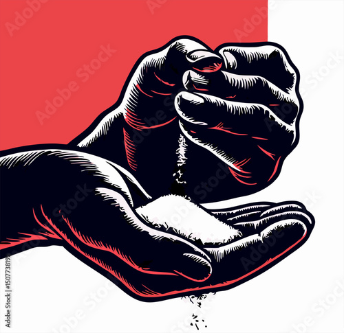Hands Pouring Salt, Graphic Illustration, Red Background