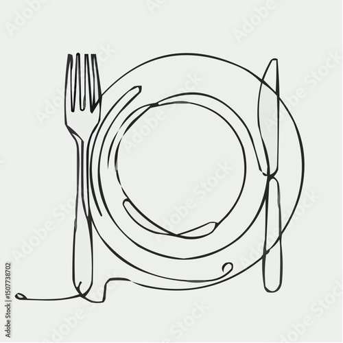 Minimalist line art of a plate with fork and knife in black outline  