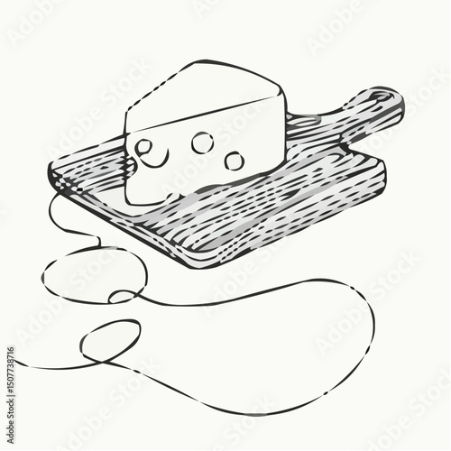 Cheese slice on wooden cutting board with drawn string  