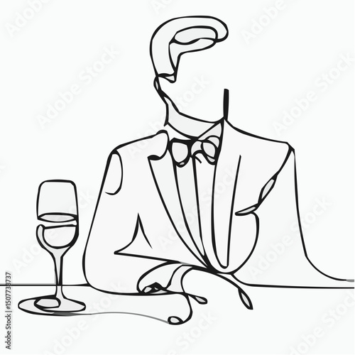 Man with a glass sitting elegantly in a minimal line art style  