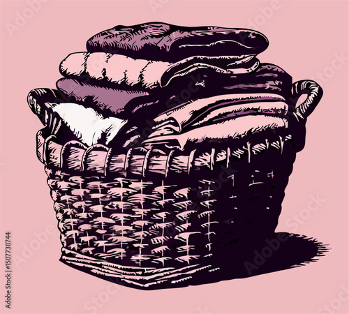 Laundry Basket Full of Clothes, Hand-Drawn Illustration