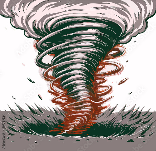 Powerful Tornado Illustration: Dark Green & Red Swirl