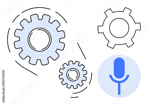 Large and small gears beside a microphone icon suggestive of automation and voice technology. Ideal for innovation, automation processes, AI integration, voice commands, tech advancements, system
