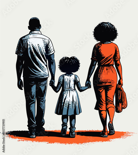 Black Family Walking Away Holding Hands Illustration