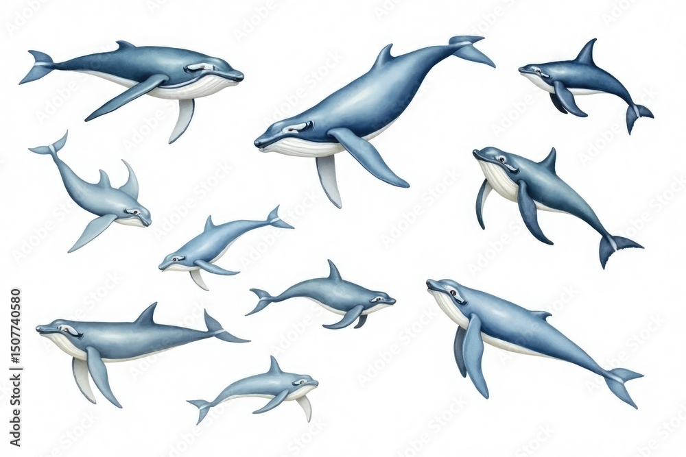 Fototapeta premium Watercolor set of marine animals including whale shark, orca, narwhal, stingray, manatee, seahorse, fish, starfish and shells in ocean life theme