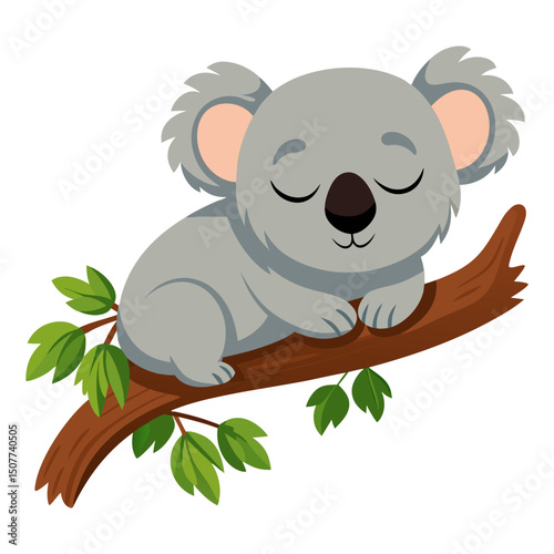 Cute cartoon koala sleeping on a tree branch isolated on white background. Koala lying on the tree. Side view. Vector illustration.