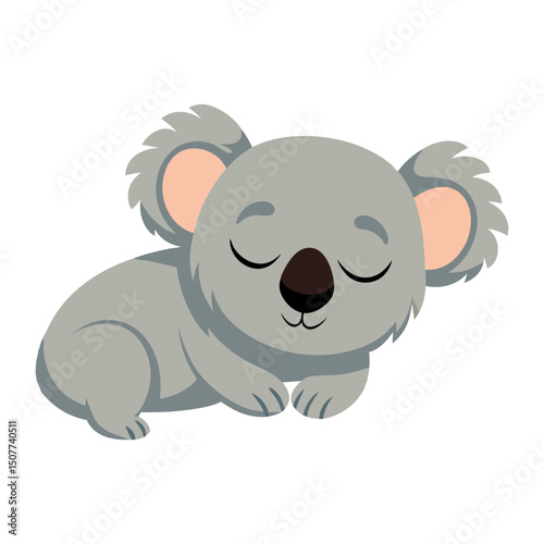 Cute cartoon koala sleeping on the ground isolated on white background. Front view. Vector illustration.