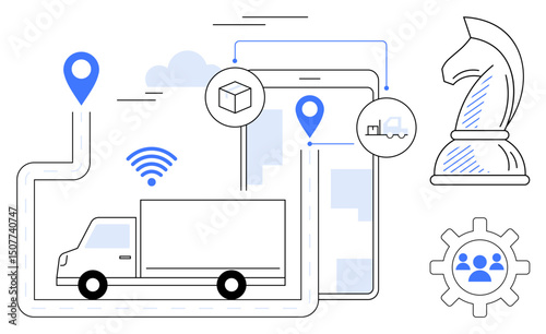Delivery truck on route with GPS markers, package, wireless signal, tablet, chess knight, and gear icon. Ideal for logistics, supply chain, strategy technology transportation planning operations