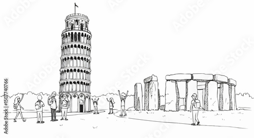 Flat vector art of Leaning Tower and Stonehenge with tourists  