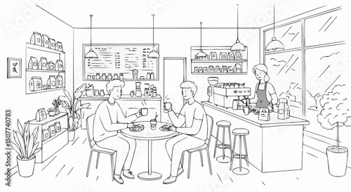Two men enjoying drinks while talking in a cozy cafe interior  