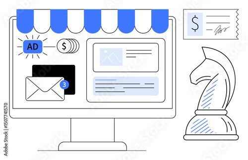 Computer screen with storefront, email alert, coins, ads, and a chess knight symbolizing financial and strategic planning. Ideal for e-commerce, advertising, online business, communication financial