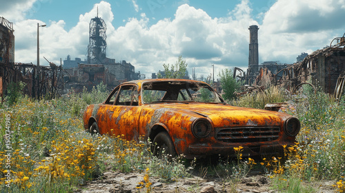 Abandoned rusted car surrounded by wildflowers
