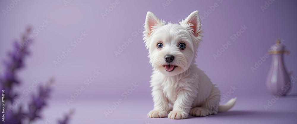Adorable West Highland White Terrier Puppy Sitting with Tongue Out on Pastel Purple Background, Surrounded by Lavender and Decor, Studio Shot for Stock Photography Adorable West Highland White Terrier Puppy Sitting with Tongue Out on Pastel Purple Background, Surrounded by Lavender and Decor, Studio Shot for Stock Photography