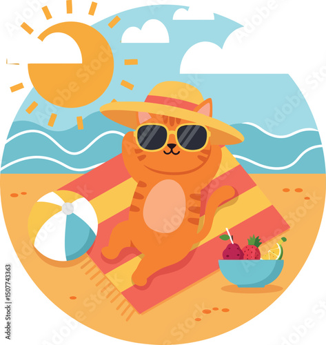 Cat Relaxing on Beach Towel Wearing Hat and Sunglasses Enjoying Summer Sun Vector Illustration 