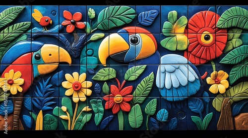 Vibrant mosaic tile art of tropical birds and flowers