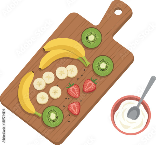 Fresh fruit slices kiwi banana strawberry with bowl of yogurt on wooden cutting board vector illustration 