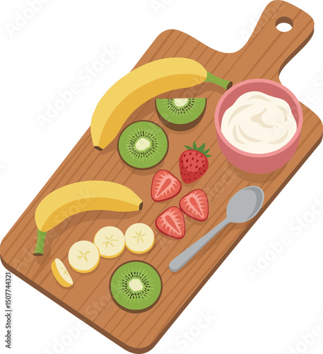 Fresh banana kiwi strawberry fruit slices with creamy yogurt on wooden cutting board vector illustration 