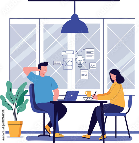 Two people working together in modern office with laptop and notes vector illustration 