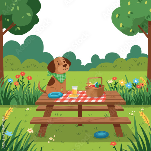 Dog enjoying picnic with basket and drink on wooden table in green park vector illustration 