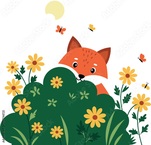 Fox Peeking Behind Bush with Yellow Flowers Butterflies and Sun Vector Illustration 