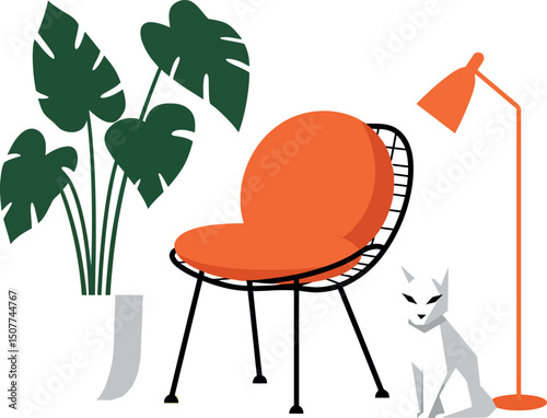 Modern orange chair with green houseplant white cat and floor lamp vector illustration 