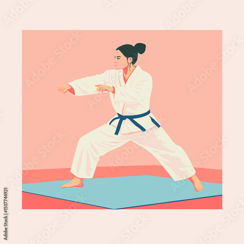 Confident female martial artist in a white karate uniform with a black belt, performing a dynamic pose on a mat, vibrant illustrative style, pink and blue geometric background