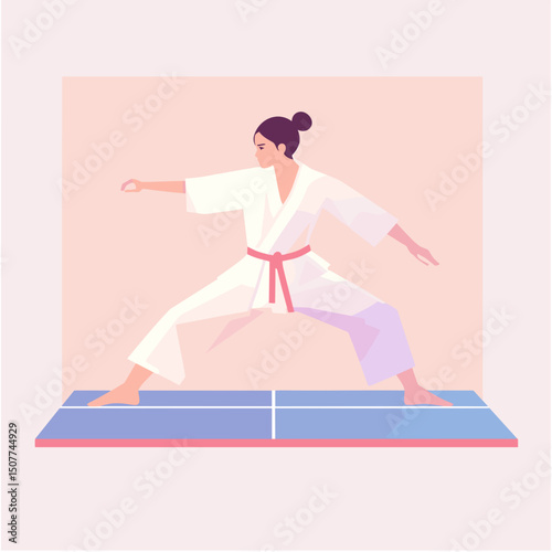 Confident female martial artist in a white karate uniform with a black belt, performing a dynamic pose on a mat, vibrant illustrative style, pink and blue geometric background