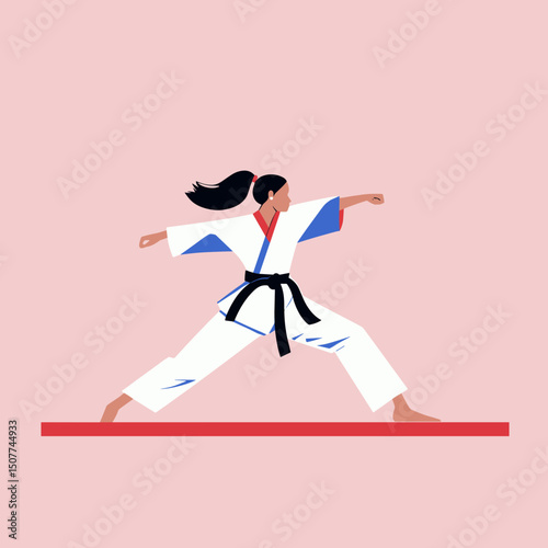 Confident female martial artist in a white karate uniform with a black belt, performing a dynamic pose on a mat, vibrant illustrative style, pink and blue geometric background