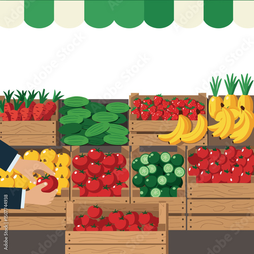 Fresh market stall with colorful fruits and vegetables in wooden crates vector illustration 