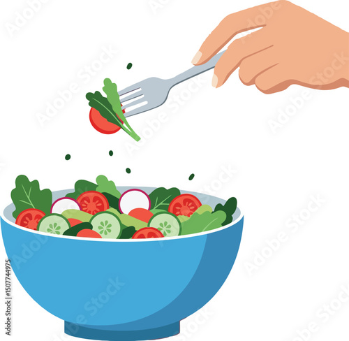 Hand Eating Fresh Vegetable Salad from Blue Bowl Healthy Meal Vector Illustration 