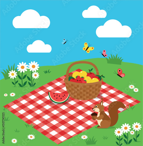 Picnic basket with fruit watermelon and squirrel on red checkered blanket vector illustration 